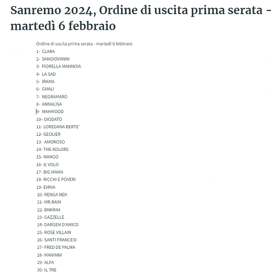 ordine di uscita 1 serata sanremo